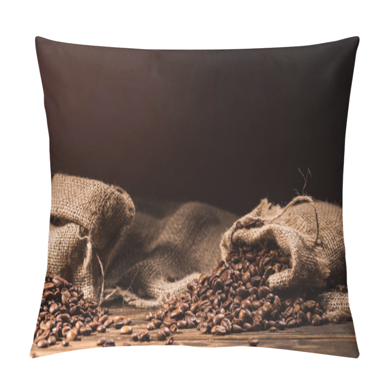 Personality  sacks of coffee beans on rustic wooden table on dark brown background pillow covers
