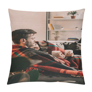 Personality  Beautiful Young Couple With Cups Of Cocoa With Marshmallow Relaxing On Couch Under Plaid At Home Pillow Covers