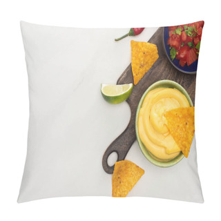 Personality  Top View Of Corn Nachos With Lime, Chili And Cheese Sauce On Wooden Cutting Board On White Background Pillow Covers