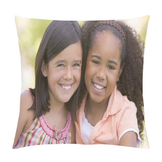Personality  Two Young Girl Friends Sitting Outdoors Smiling Pillow Covers