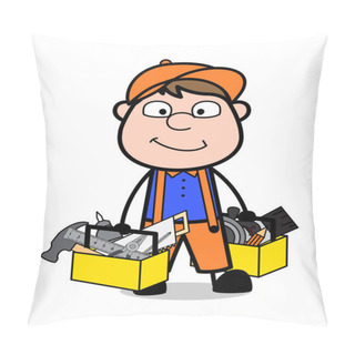 Personality  Holding Tool Box In Both Hands - Retro Cartoon Carpenter Worker  Pillow Covers