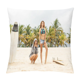 Personality  Two Beautiful Sporty Surfer Girl At The Beach. Pillow Covers