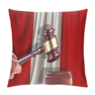 Personality  Judge Wooden Gavel On The Background Of The Flag Of Peru. Oil And Gas Industry. The Concept Of Oil Fields And Oil Companies. Pillow Covers