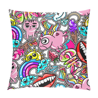 Personality  Hand Drawn Fashion Girls Pattern. Colourful Modern Teenagers Background With Graffiti Elements, Stickers. Girlish Print For Textile, Clothes, Wrapping Paper. Pillow Covers