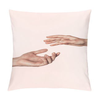 Personality  Partial View Of Woman And Man Approaching Hands To Each Other Isolated On Pink Background  Pillow Covers