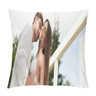 Personality  Passionate Man Embracing Cheerful Woman In White Beach Wear On Luxury Resort During Vacation, Banner Pillow Covers