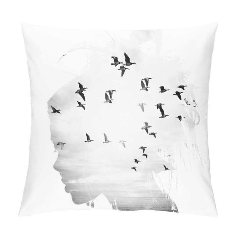 Personality  Womans head and birds flying, double exposure, freedom and liberty  background. Beauty is a gift from nature, pillow covers