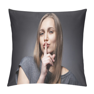 Personality  Young Woman Gesturing For Quiet Or Shushing Pillow Covers