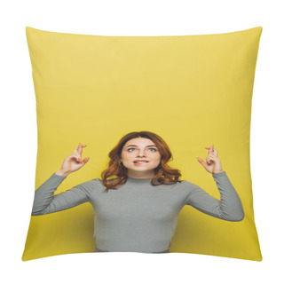 Personality  Hopeful Woman Holding Crossed Fingers While Looking Up On Yellow Pillow Covers