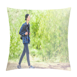 Personality  A Young Man With A Backpack Is Travelling Among Green Trees. Pillow Covers