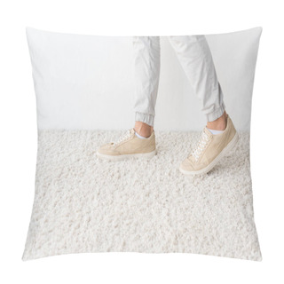 Personality  Cropped View Of Male Legs On Carpet Against White Wall Pillow Covers