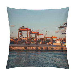 Personality  Cranes And Constructions In Dock Near Sea In Istanbul, Turkey  Pillow Covers