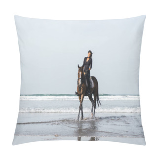 Personality  Front View Of Female Equestrian Riding Horse In Wavy Water Pillow Covers