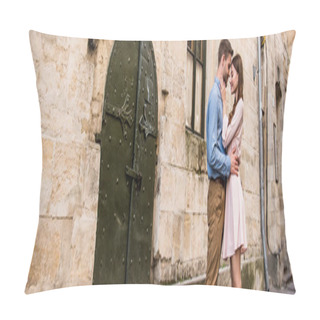 Personality  Panoramic Shot Of Young Couple Embracing While Standing Near Old Stone Castle Pillow Covers