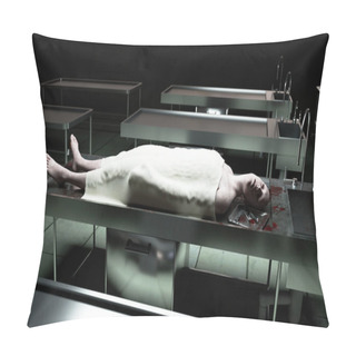 Personality  Cadaver, Dead Male Body In Morgue On Steel Table. Corpse. Autopsy Concept. 3d Rendering. Pillow Covers