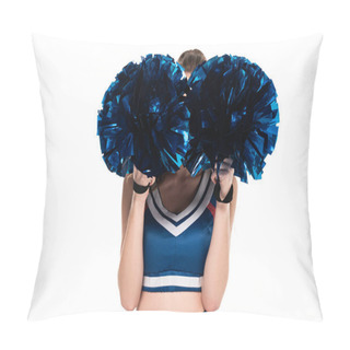Personality  Cheerleader Girl In Blue Uniform With Obscure Face And Pompoms Isolated On White Pillow Covers