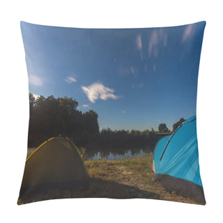 Personality  Tourist Tents At Riverbank In Forest In Summer Morning  Pillow Covers