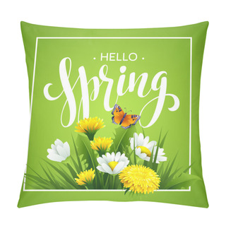 Personality  Inscription Spring Time On Background With Spring Flowers. Spring Floral Background. Spring Flowers. Spring Flowers Background Design For Spring Pillow Covers