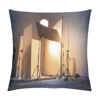 Personality  Shooting Studio For Photographer And Creative Art Director With Production Crew Team Setting Up Lighting Flash And LED Headlight On Tripod And Professional Equipment For Portrait Model Photo Shoot And Video Online Filming Pillow Covers