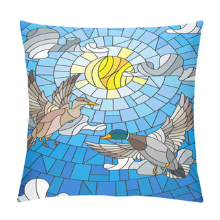 Personality  Illustration In Stained Glass Style With Two Ducks On The Background Of Sky, Sun And Clouds Pillow Covers