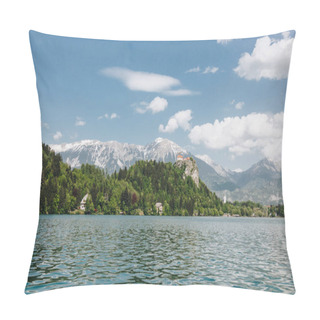 Personality  Beautiful Landscape With Snow-covered Mountain Peaks, Green Vegetation And Calm Lake, Bled, Slovenia Pillow Covers