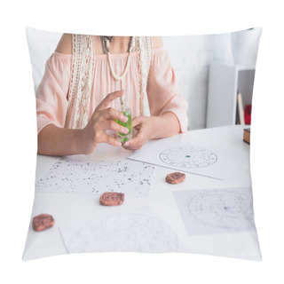 Personality  Partial View Of Fortune Teller Holding Bottle Of Essential Oil Near Blurred Clay Runes And Natal Charts  Pillow Covers