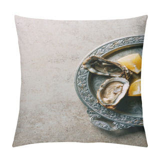 Personality  Top View Of Oysters And Lemon Pieces On Metal Tray On Grey Tabletop Pillow Covers