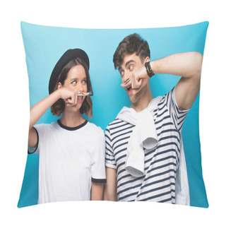 Personality  Cheerful Man And Woman Looking At Each Other While Holding Fingers With Drawn Mustache Ner Faces On Blue Background Pillow Covers