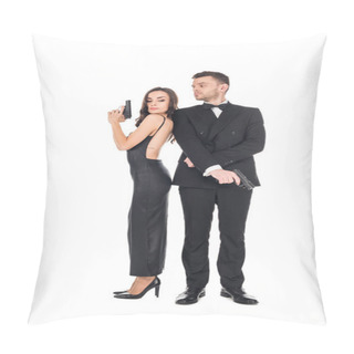 Personality  Couple Of Killers In Black Clothes Posing With Guns, Isolated On White Pillow Covers