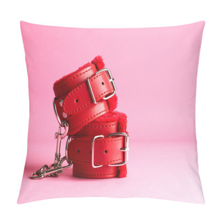 Personality  Red Pair Of Handcuffs For Sex Games Over Pink Backdrop Pillow Covers