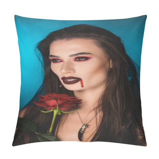 Personality  Creepy Woman With Blood On Face Near Red Rose On Blue Pillow Covers