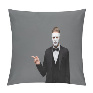 Personality  Elegant Businessman In Face Mask Pointing With Finger Isolated On Grey Pillow Covers