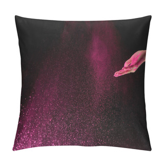 Personality  Cropped View Of Adult Woman With Pink Holi Powder In Air On Black Background Pillow Covers