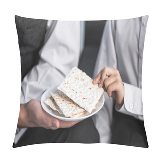 Personality  Cropped View Of Jewish Father Holding Plate And Son Taking Matza In Apartment  Pillow Covers