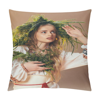 Personality  A Young Woman In A Traditional Outfit Adorned With An Ornate Wreath, In A Fairy And Fantasy Setting. Pillow Covers
