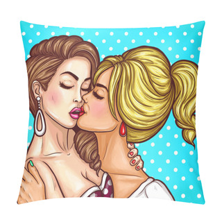 Personality  Vector Pop Art Two Young Sensual Girls Kissing On The Lips Pillow Covers