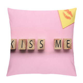 Personality  Wooden Cubes With Phrase Kiss Me And Sticky Note With Lipstick Mark On Pink Background, Flat Lay Pillow Covers
