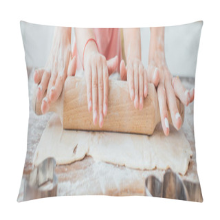 Personality  Partial View Of Woman And Child Rolling Out Dough Near Cookie Cutters On Kitchen Table, Panoramic Shot Pillow Covers