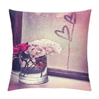 Personality  Bouquet Of Flowers In Glass Jar And Drawn Hearts On Frozen Window Pillow Covers