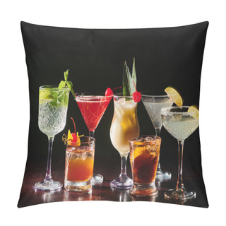 Personality  Set Of Different Sophisticated Cocktails With Fresh Garnishing On Black Backdrop, Concept Pillow Covers