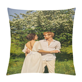 Personality  Happy Newlyweds In Countryside, Asian Bride In White Dress And Redhead Groom Hugging Near Big Tree Pillow Covers
