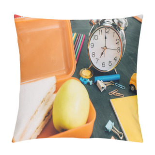 Personality  Selective Focus Of Lunch Box With Tasty Sandwiches And Ripe Apple Near Vintage Alarm Clock And School Supplies On Black Chalkboard Pillow Covers