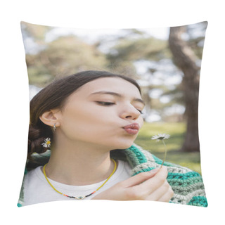 Personality  Portrait Of Young Brunette Woman Blowing On Daisy Flower In Summer Park  Pillow Covers