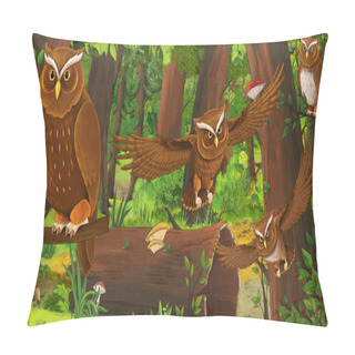 Personality  Cartoon Summer Scene With Deep Forest And Birds Owls And Some Other Bird - Nobody On Scene - Illustration For Children Pillow Covers