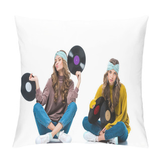 Personality  Attractive Retro Styled Young Twins Sitting With 12 Inch Vinyls Isolated On White Pillow Covers