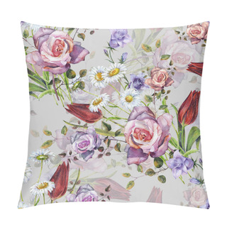 Personality  Watercolor Delicate Flowers Bouquet. Floral Seamless Pattern With Shade On A Gray Background.  Beautiful  Hand Pattern For Decoration And Design.  Pillow Covers