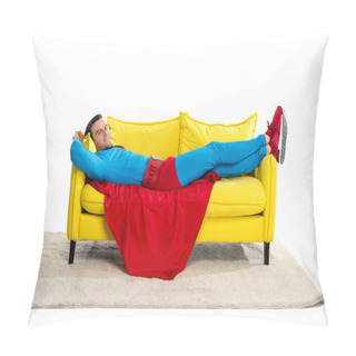 Personality  Superman Lying On Couch And Smiling At Camera Isolated On White Pillow Covers