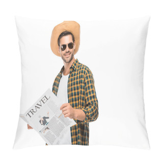 Personality  Happy Young Male Traveler In Sunglasses Reading Travel Newspaper Isolated On White  Pillow Covers