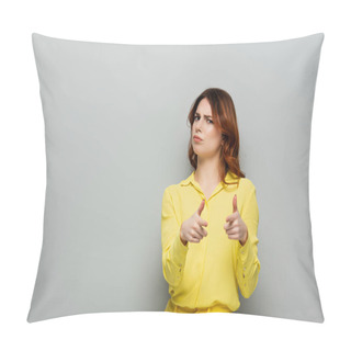 Personality  Strict Woman Pointing With Fingers While Looking At Camera On Grey Pillow Covers