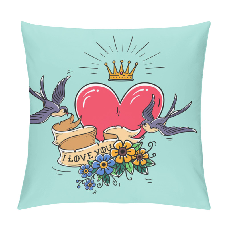 Personality  Holiday illustration with red heart and gold crown. Swallows fly and hold ribbon decorated with flowers. Valentines Day pillow covers